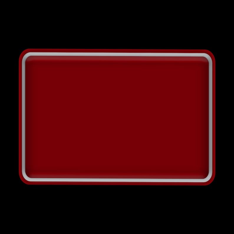 Puede incluir: Un objeto rectangular de color granate con esquinas redondeadas y un borde blanco, sobre un fondo negro. El objeto tiene un acabado brillante, creando una superficie lisa y reflectante.