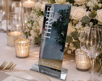 Personalised Mirror Acrylic Wedding Table Numbers with Bride & Groom Names | Gold or Silver | Laser Engraved | Sample or Set of 20