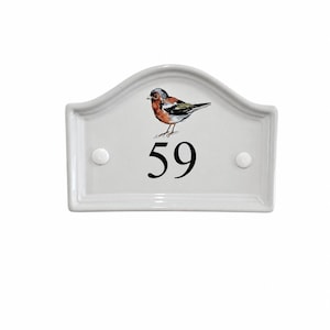 Personalised Ceramic House Number Sign with Bird Design | Engraved & Hand Painted | Bridge or Oval Shape | Outdoor Plaque | 16.5 x 11cm