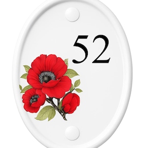 Targa personalizzata in ceramica con numero civico / Targa ovale con papavero rosso / Cartello con indirizzo personalizzato / Cartello floreale per porta / Decorazione da giardino in stile cottage