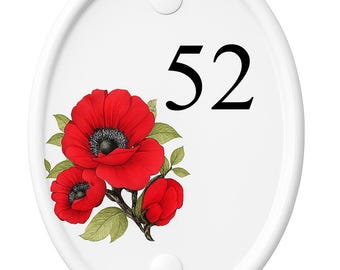 Gepersonaliseerde keramisch huisnummerbord | Ovale plaquette rode klaproos | Aangepast adresbord | Deurbord met bloemen | Cottage tuindecoratie