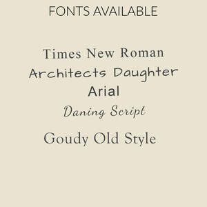 May include: Cream-colored background with the text "FONTS AVAILABLE" at the top. Below, a list of font names in a dark gray color: Times New Roman, Architects Daughter, Arial, Dancing Script, and Goudy Old Style.