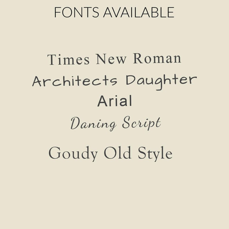 May include: Cream-colored background with the text "FONTS AVAILABLE" at the top. Below, a list of font names in a dark gray color: Times New Roman, Architects Daughter, Arial, Dancing Script, and Goudy Old Style.