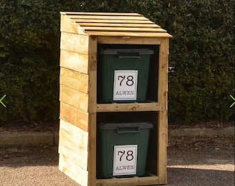Caseta de almacenamiento para 2 contenedores de reciclaje / Caseta de exterior de madera con etiquetas de dirección gratuitas / Con o sin puertas