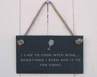 Cook With Wine Slate Sign | Funny Kitchen Hanging Gift | 18 x 10cm
