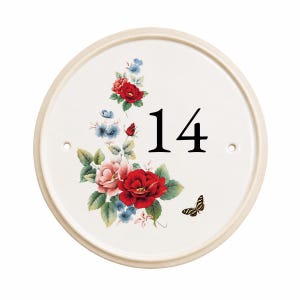 Personalised Ceramic House Number Plaque | Floral Door Number Sign | White Plaque with Rustic Cream Rim | 24.5cm Outdoor Sign