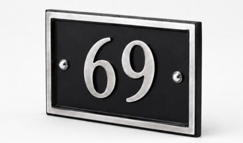 Puede incluir: Placa rectangular negra con el n&uacute;mero 69 en plata. La placa tiene un borde plateado y dos remaches plateados. Un letrero de n&uacute;mero de casa moderno y elegante.