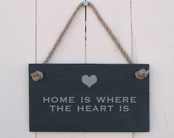 Hand-Etched Slate Hanging Sign: 'Home is Where the Heart Is' with Jute Rope