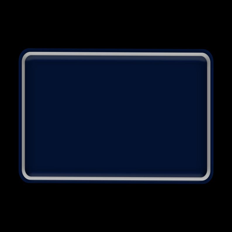 Puede incluir: Un objeto rectangular azul marino con esquinas redondeadas y un borde fino de color plateado. El objeto est&aacute; sobre un fondo negro s&oacute;lido, creando un fuerte contraste.