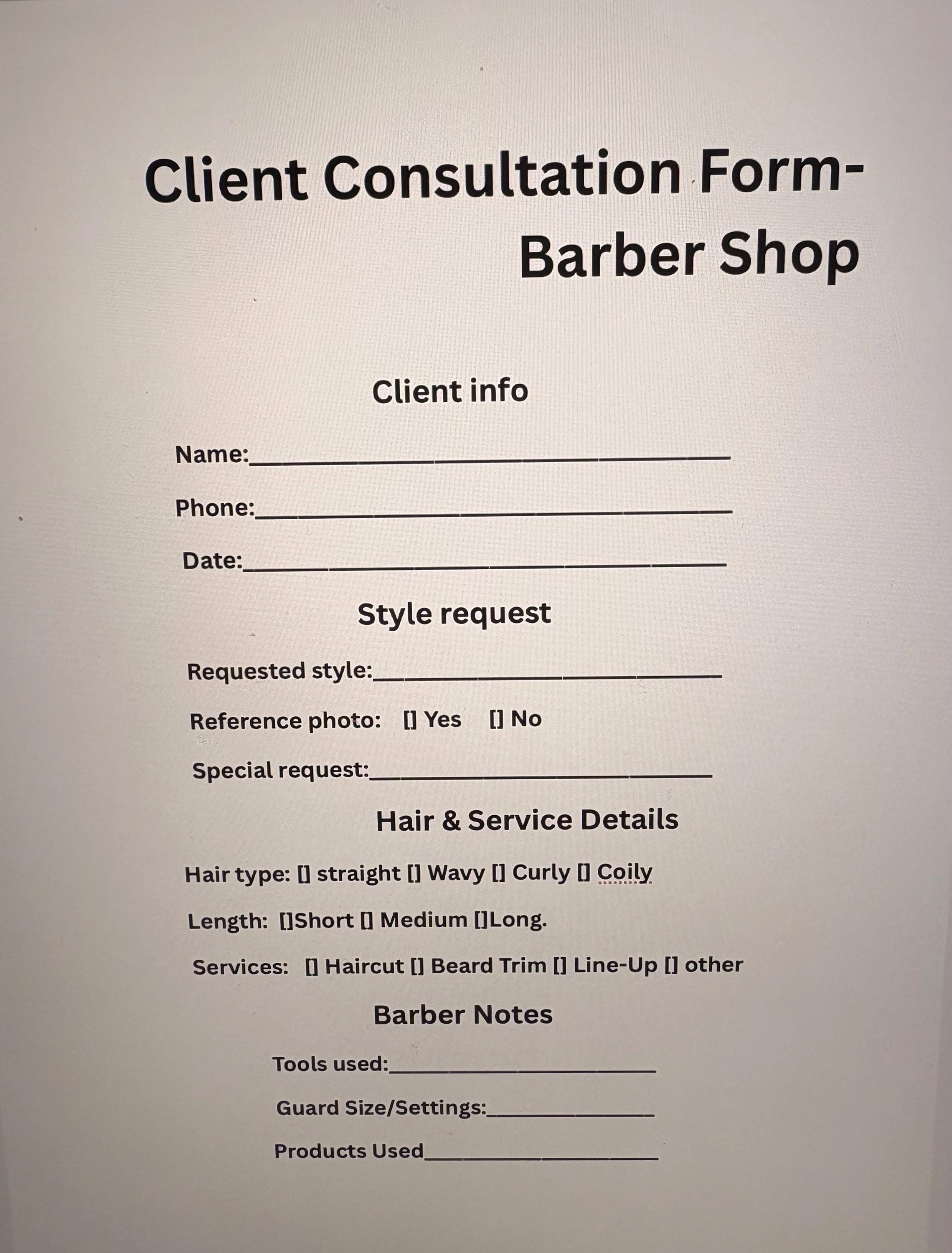 Barber Client Consultation Form | Printable & Digital Template | 2 Page ...