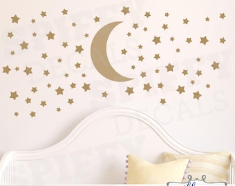 Moon and Set of 100+ Stars Wall Decal, Nursery Wall Stickers, Vinyl Sticker Decor Confetti, Nursery, Bedroom Crib by Spiffy Decals