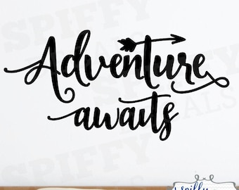 Adventure Awaits Wall Decal Vinyl Sticker Quote Travel With Arrow Mountains V5 by Spiffy Decals