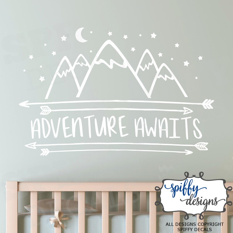 Adventure Awaits Wall Decal Vinyl Sticker Quote Outdoor Mountains Stars Arrows V7 by Spiffy Decals White