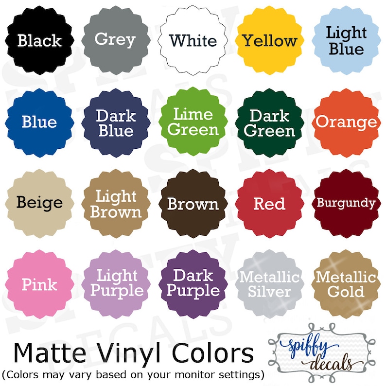 Puede incluir: Una tabla de colores de vinilo mate para proyectos de manualidades. Los colores incluyen negro, gris, blanco, amarillo, azul claro, azul, azul oscuro, verde lima, verde oscuro, naranja, beige, marr&oacute;n claro, marr&oacute;n, rojo, burdeos, rosa, morado claro, morado oscuro, plata metalizada y oro metalizado.