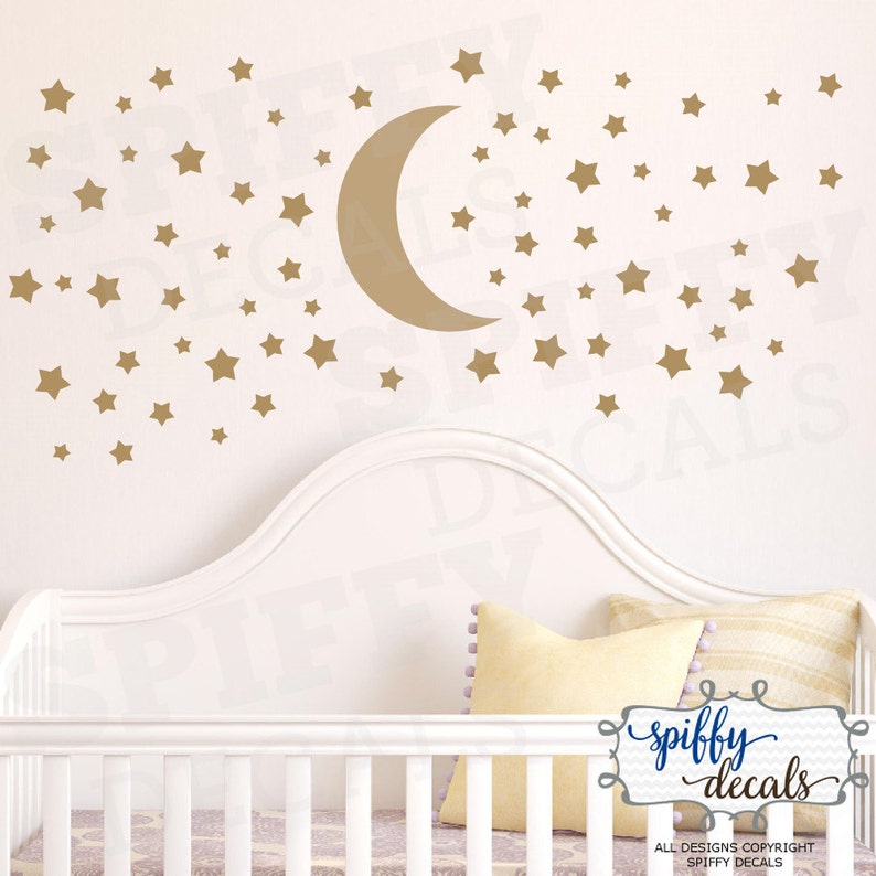 Moon and Set of 100 Stars Wall Decal, Nursery Wall Stickers, Vinyl Sticker Decor Confetti, Nursery, Bedroom Crib by Spiffy Decals image 1