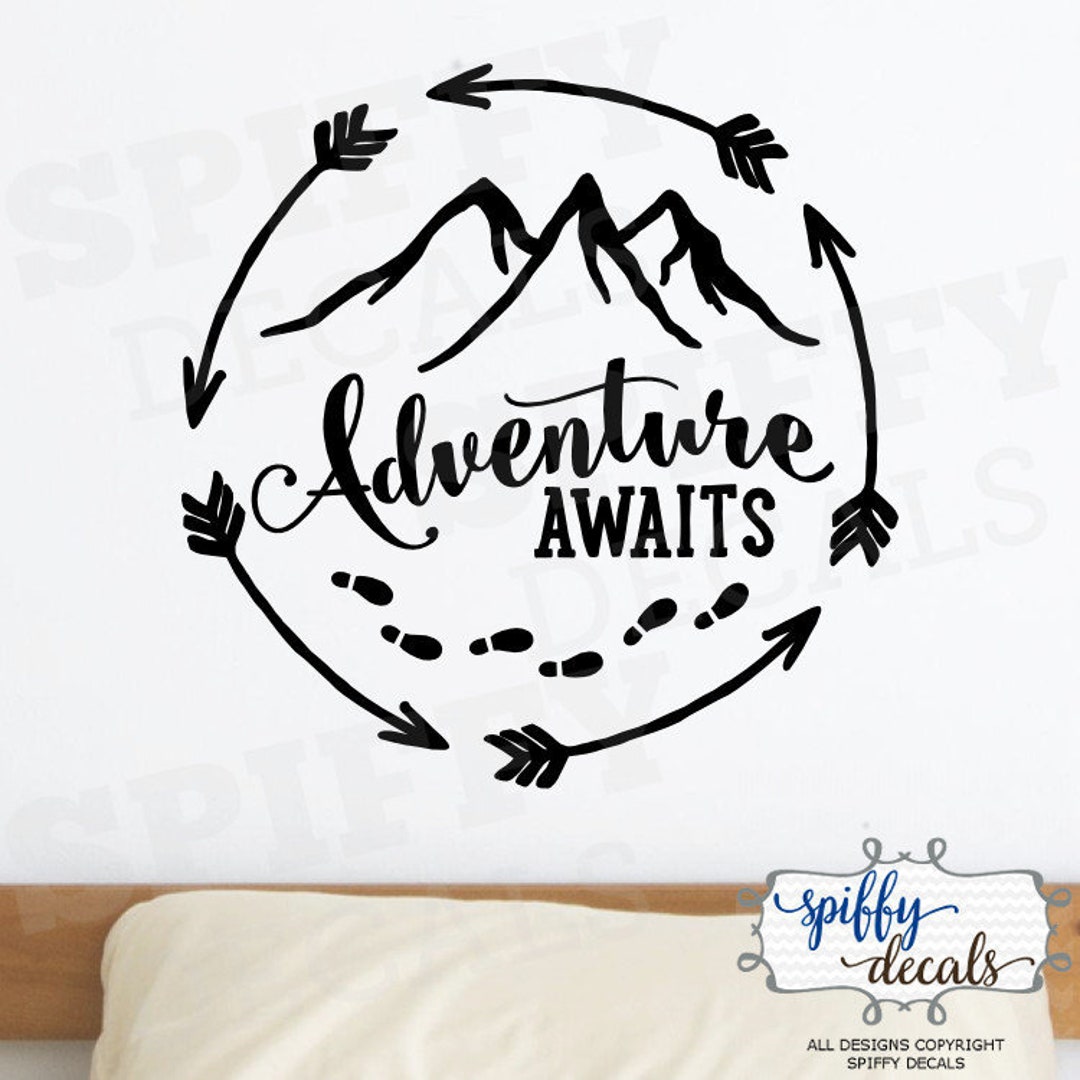 Adventure Awaits Circle Footprints Mountain Wall Decal Vinyl Sticker ...