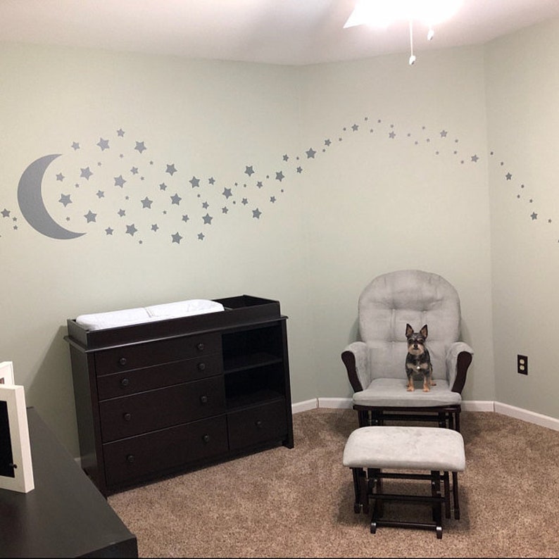 Moon and Set of 100 Stars Wall Decal, Nursery Wall Stickers, Vinyl Sticker Decor Confetti, Nursery, Bedroom Crib by Spiffy Decals image 3