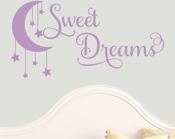 Sweet Dreams Moon Hanging Stars Nursery Quote Baby Bed Wall Decal Vinyl Sticker
