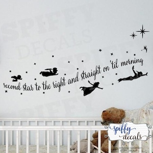 Peter Pan Tinkerbell Wendy John Michael Flying Second Star To The Right Wall Decal Vinyl Sticker Quote Walt Disney Theme Spiffy Decals