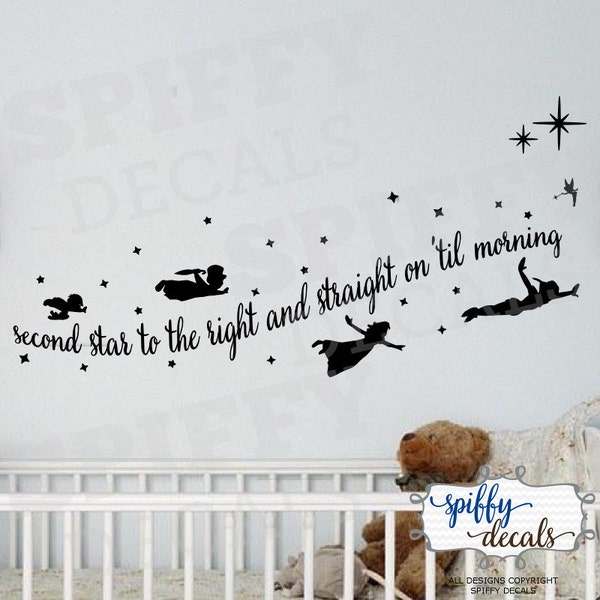 Peter Pan Tinkerbell Wendy John Michael Flying Second Star To The Right Wall Decal Vinyl Sticker Quote Walt Disney Theme Spiffy Decals
