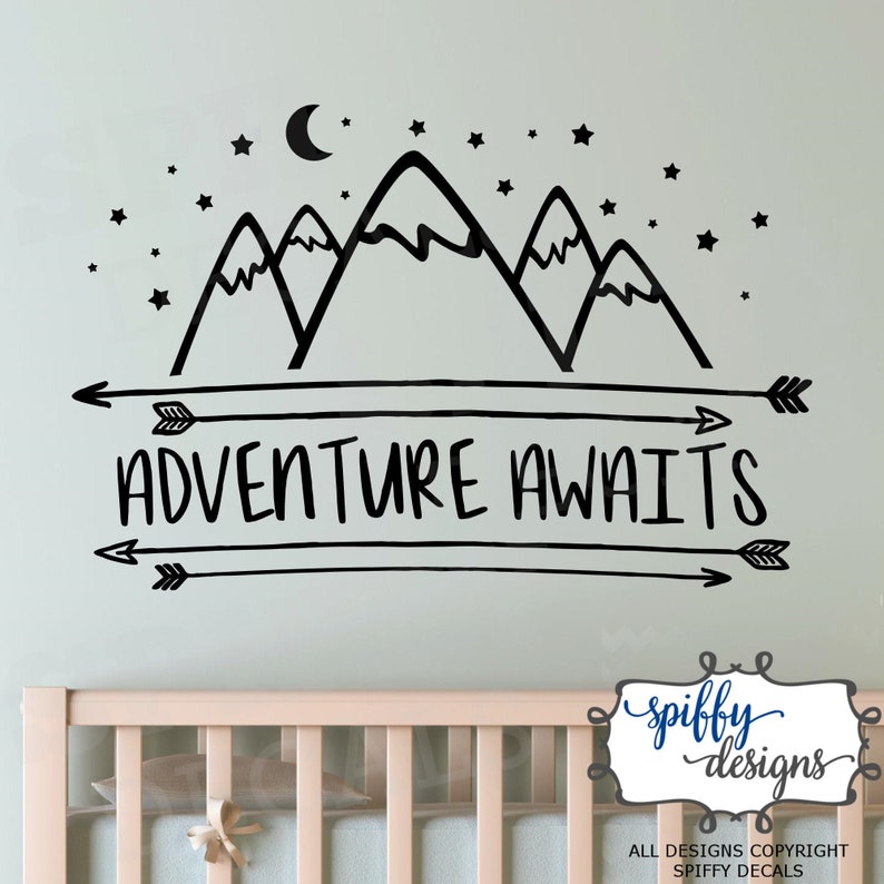 Adventure Awaits Wall Decal Vinyl Sticker Quote Outdoor Mountains Stars Arrows V7 by Spiffy Decals Black