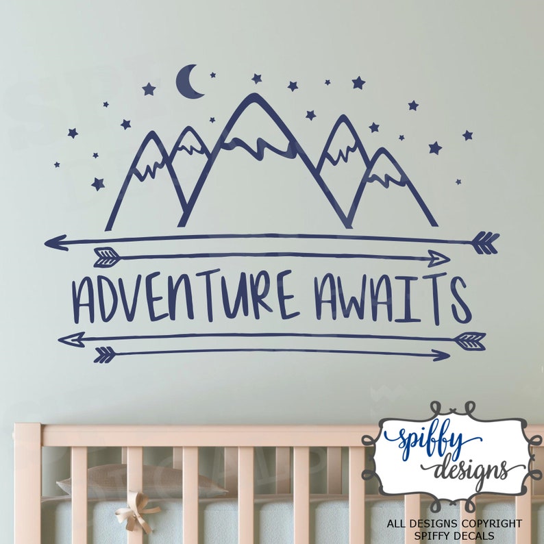 Adventure Awaits Wall Decal Vinyl Sticker Quote Outdoor Mountains Stars Arrows V7 by Spiffy Decals Dark Blue