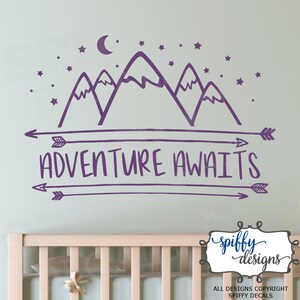 Adventure Awaits Wall Decal Vinyl Sticker Quote Outdoor Mountains Stars Arrows V7 by Spiffy Decals Dark Purple