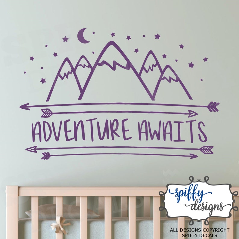 Adventure Awaits Wall Decal Vinyl Sticker Quote Outdoor Mountains Stars Arrows V7 by Spiffy Decals Dark Purple