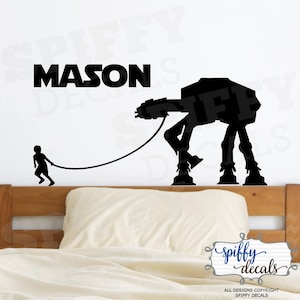 Personalized Name Boy Walking His Pet AT-AT  decal Wall Decal Vinyl Sticker Quote Star Wars Decor Spiffy Decals