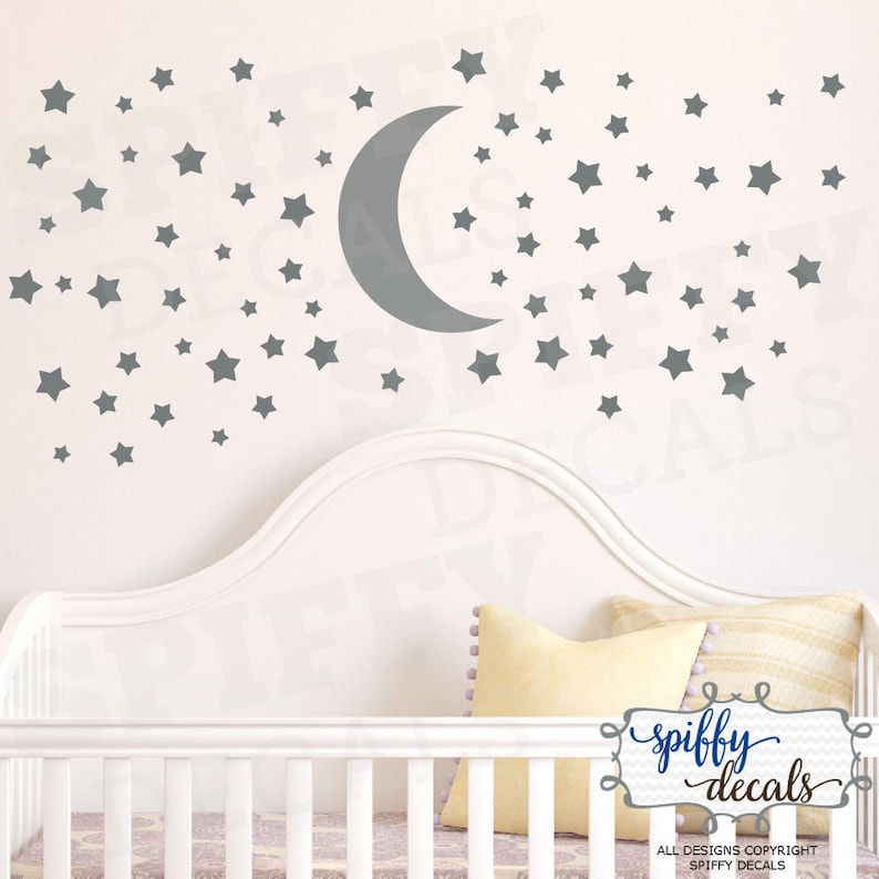 Moon and Set of 100 Stars Wall Decal, Nursery Wall Stickers, Vinyl Sticker Decor Confetti, Nursery, Bedroom Crib by Spiffy Decals image 6