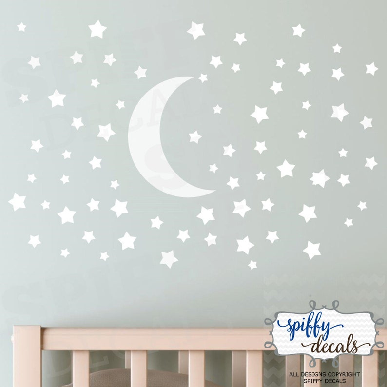 Moon and Set of 100 Stars Wall Decal, Nursery Wall Stickers, Vinyl Sticker Decor Confetti, Nursery, Bedroom Crib by Spiffy Decals image 4