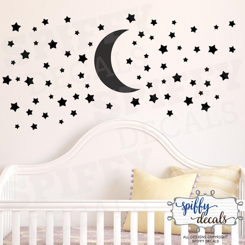 Moon and Set of 100 Stars Wall Decal, Nursery Wall Stickers, Vinyl Sticker Decor Confetti, Nursery, Bedroom Crib by Spiffy Decals image 5