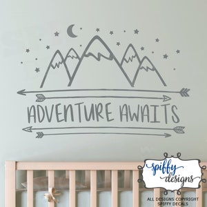 Adventure Awaits Wall Decal Vinyl Sticker Quote Outdoor Mountains Stars Arrows V7 by Spiffy Decals Grey