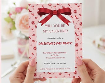 Plantilla de invitación para fiesta editable, rosa y roja (descarga instantánea)