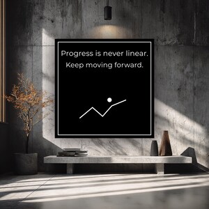 Puede incluir: Una impresión enmarcada en negro con el texto "Progress is never linear. Keep moving forward." La impresión presenta un gráfico de líneas blancas con un punto blanco. La impresión se muestra en una pared de hormigón.