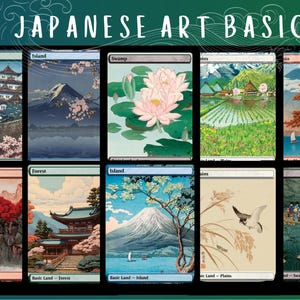 Könnte beinhalten: Zehn Karten mit japanischen Kunstmotiven. Jede Karte zeigt eine andere Landschaft, darunter Berge, Wälder und Wasser. Der Text "50 JAPANESE ART BASICS" steht oben. Die Karten sind schwarz umrandet.