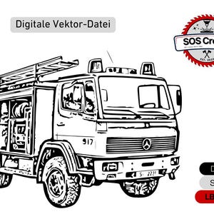 May include: Black and white line art of a fire truck, featuring a ladder on top and detailed equipment storage. The image includes the text "Digitale Vektor-Datei" and a logo for "SOS Create" with the text "EST. 2023". Also includes DXF, SVG, and LBRN2 file type options.