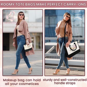 May include: Two women wearing sunglasses and carrying tote bags. The bags are white with black bottoms and feature floral and graphic designs. The text on the image reads "ROOMY TOTE BAGS MAKE PERFECT CARRY-ONS" and "Makeup bag can hold all your cosmetics".