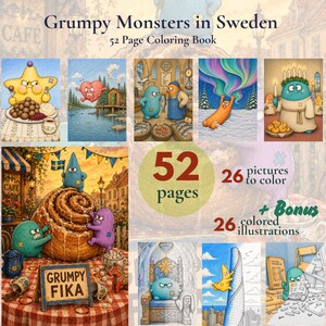 May include: A 52-page colouring book titled Grumpy Monsters in Sweden featuring 26 illustrations to colour and 26 bonus coloured illustrations. The cover displays various cartoon monsters in Swedish settings, including a giant cinnamon roll.