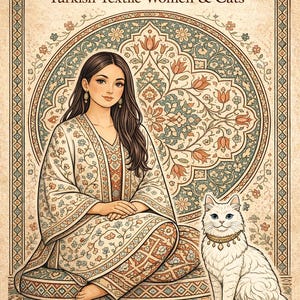 Può includere: Un libro da colorare per adulti intitolato Sacred Threads Turkish Textile Women & Cats che presenta l'illustrazione di una persona con abiti a motivi seduta su un cuscino accanto a un gatto bianco con un collare dorato su uno sfondo floreale.