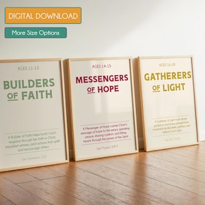 May include: Three framed posters with text: "BUILDERS OF FAITH," "MESSENGERS OF HOPE," and "GATHERERS OF LIGHT." Each poster has a different color scheme and age range. The top of the image has the text "DIGITAL DOWNLOAD" and "More Size Options."