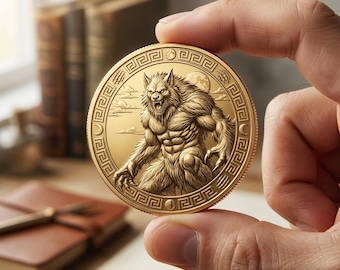 Moneda de oro de hombre lobo de pie con luna llena, ficha de terror gótico y folclore de bestias, regalo coleccionable de animales legendarios, moneda de arte de monstruos fantásticos