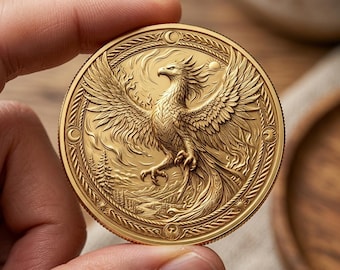 Rising phoenix gold coin, Mythical fire bird forest token, Legend animal collectible gift, Fantasy landscape art coin