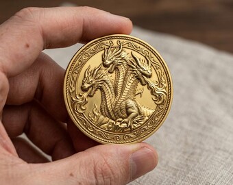3 headed hydra gold dragon coin, Flame breath mythic beast token, Legend animal collectible gift, Greek fantasy art coin