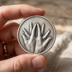 May include: A circular silver-toned metal coin featuring a raised relief design of two hands positioned with fingers touching to form a triangular shape. The coin has a smooth, polished surface with dark oxidized detailing to highlight the hand features.