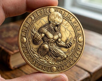 Moneda de oro con hombre lobo y luna rúnica, ficha folclórica de bestia relámpago, regalo coleccionable de animal legendario, moneda de arte fantástico nórdico