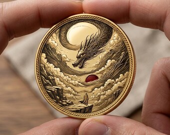 Moneda de oro con dragón y tormenta de acantilados, ficha de paisaje medieval y folclore, regalo coleccionable de animales legendarios, moneda de arte de bestias vintage