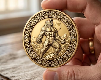 Howling werewolf mountain gold coin, Gothic horror beast folklore token, Legend animal collectible gift, Fantasy monster art coin
