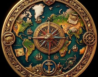 Custom Captain's Log Coin, 1718 Pirate Token, World Map Compass Art, Nautical Collectible