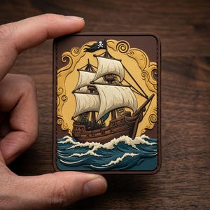 May include: A rectangular patch featuring a detailed illustration of a sailing ship on a sea with waves. The ship has white sails and a black flag with a skull and crossbones. The background is yellow with brown and blue accents.